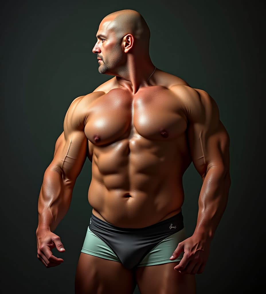  realistic photo of the profile muscular bald man 50 years with huge pecs, tight ass, dressed in tights plants short wrestling