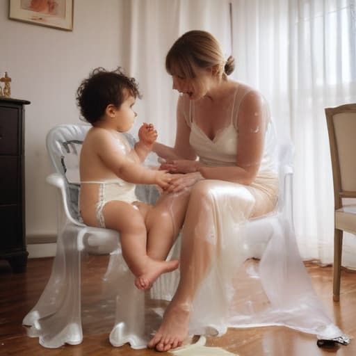 A middle age woman dressed in clear transparent plastic dress with big s is feeding a big age boy sitting in a chair in plastic pants and diaper while. Gobs of White cream is all over his mother who is and white cream is all over both of them. The room is dark and messy with Penthouse and magazine all over the floor. The boys is sticking way up over his diaper pants. Don’t forget to display white gobs of white cream all over both of them, the floor and the walls! They’re obviously having .