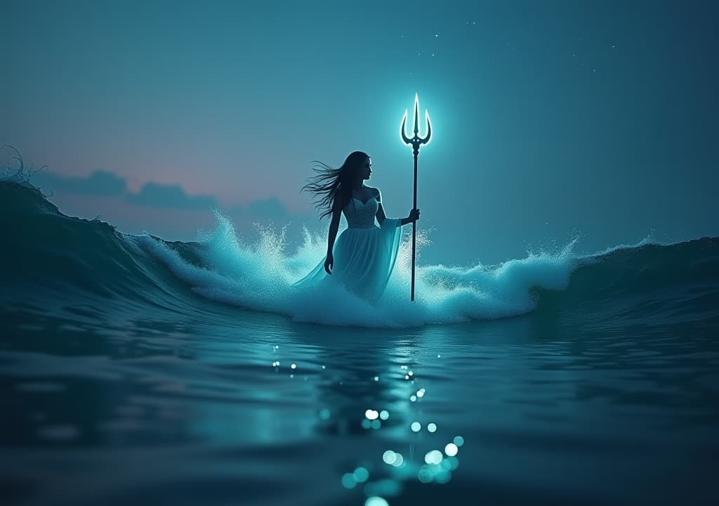  a shimmering trident emerges from azure waves, surrounded by ethereal sea creatures and glowing orbs of light, against a backdrop of a twilight sky, where stars twinkle like ancient secrets waiting to be discovered. hyperrealistic, full body, detailed clothing, highly detailed, cinematic lighting, stunningly beautiful, intricate, sharp focus, f/1. 8, 85mm, (centered image composition), (professionally color graded), ((bright soft diffused light)), volumetric fog, trending on instagram, trending on tumblr, HDR 4K, 8K