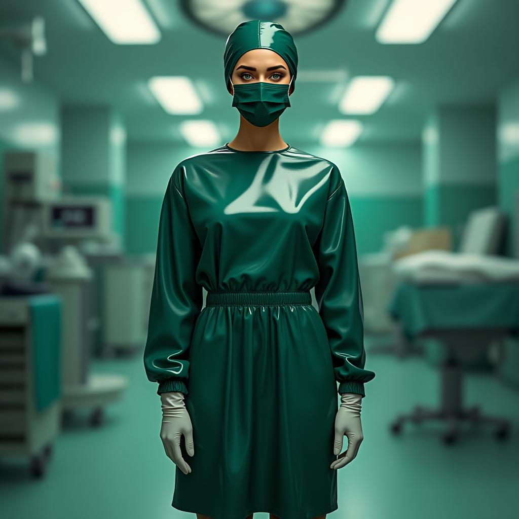  hyperdetailed, standing alone, full length, front view, full face, face of angelina jolie, mistress surgical nurse , in background of operating room, fully dressed in glossy latex, knee length surgical gown with elastic waistband, long sleeves with elastic cuffs, all made of glossy dark green latex, on head surgical beret, fully concealing hair, made of glossy dark green latex, on face surgical mask with ribbon ties, made of glossy dark green latex, from under which only emerald green eyes are visible, ankle length pants made of glossy dark green latex, knee length knee high protective shoe covers over the pants, on flat non slip soles, without heels, for work in the operating room, made of glossy dark green latex, surgical gloves covering 