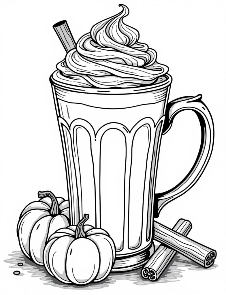  a pumpkin spice latte with whipped cream and cinnamon, black and white line art on a white background, for an adult coloring page.