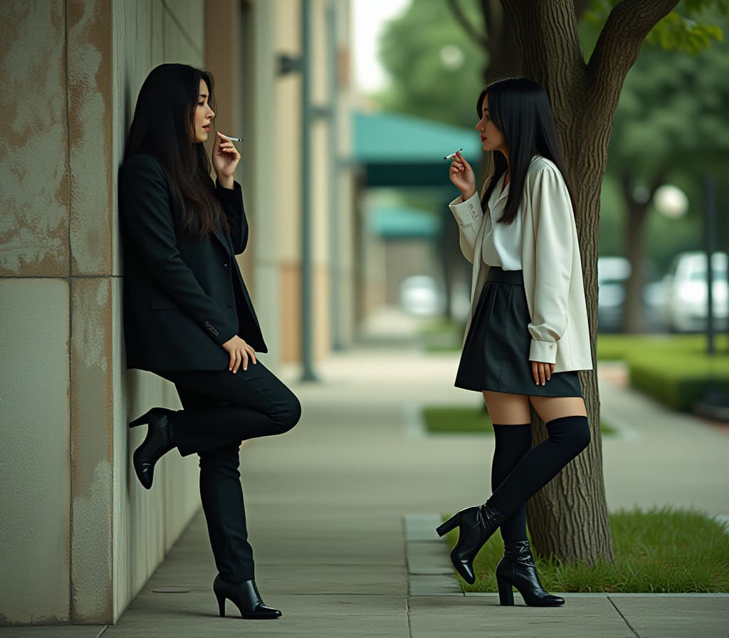  cinematic photo two middle aged women teachers stand outside the with cigarettes, one leaned her leg against the wall, the other stood opposite and leaned her leg against a tree. both with long black hair. one is wearing a black office suit, the other is wearing a white , a short black leather and high heeled leather boots. full height, high detail, side view, 4k . 35mm photograph, film, bokeh, professional, 4k, highly detailed