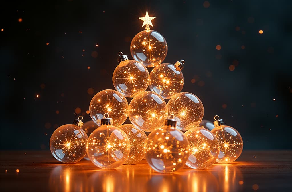  pyramid of transparent christmas tree balls, with sparkling lights inside the balls {prompt}, maximum details