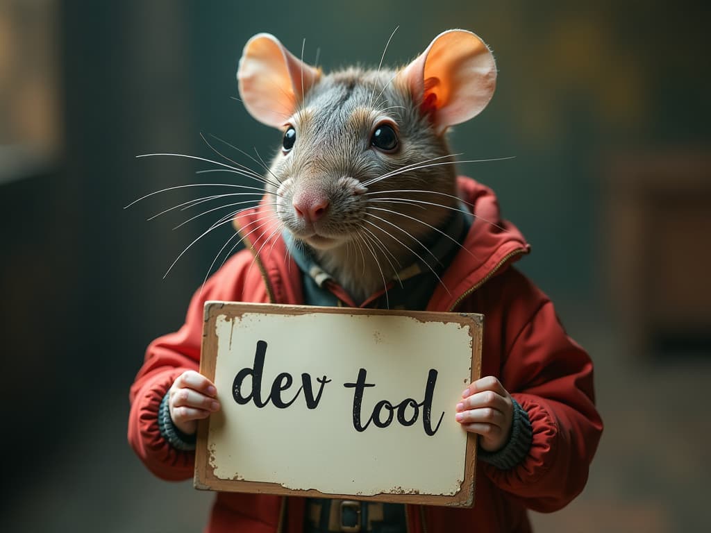  a rat holding "dev tool 🐀" board written in calligraphy hyperrealistic, full body, detailed clothing, highly detailed, cinematic lighting, stunningly beautiful, intricate, sharp focus, f/1. 8, 85mm, (centered image composition), (professionally color graded), ((bright soft diffused light)), volumetric fog, trending on instagram, trending on tumblr, HDR 4K, 8K