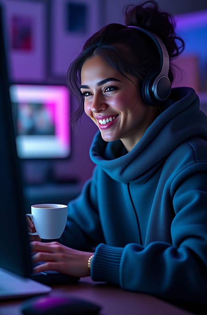  smiling and having coffee in front of a computer. hues of blue and purple, realistic, portrait, art by donato giancola and greg rutkowski, realistic face, digital art, trending on artstation hyperrealistic, full body, detailed clothing, highly detailed, cinematic lighting, stunningly beautiful, intricate, sharp focus, f/1. 8, 85mm, (centered image composition), (professionally color graded), ((bright soft diffused light)), volumetric fog, trending on instagram, trending on tumblr, HDR 4K, 8K