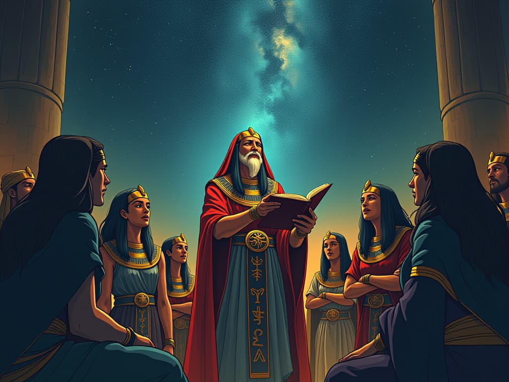  an elder singing to a group of attentive listeners, starry sky above, conveying wisdom through melody and words. the style is digital art illustration / modern comic book / mysterious occult, symbolic, esoteric vibe,high detail on character design, incorporating ancient egyptian symbology and attire.