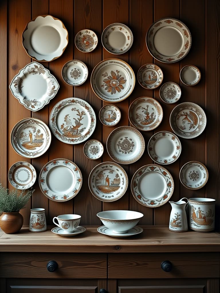  high quality portrait photo of a collection of vintage ceramic plates in various patterns and sizes arranged artfully on a rustic wooden kitchen wall, with wrought iron brackets and soft, warm lighting hyperrealistic, full body, detailed clothing, highly detailed, cinematic lighting, stunningly beautiful, intricate, sharp focus, f/1. 8, 85mm, (centered image composition), (professionally color graded), ((bright soft diffused light)), volumetric fog, trending on instagram, trending on tumblr, HDR 4K, 8K