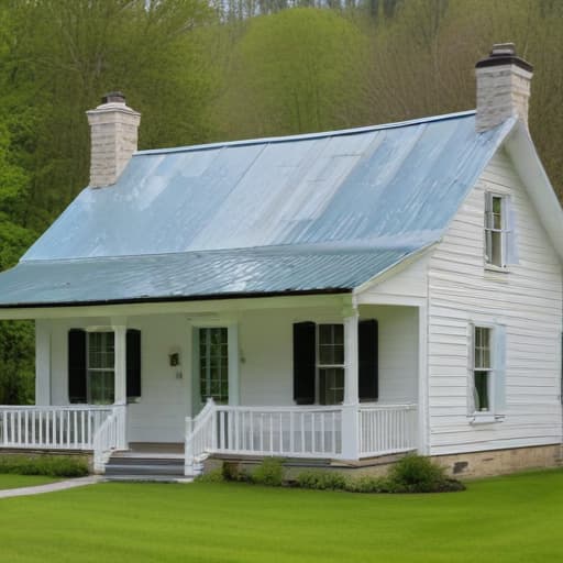 A white 2-story old farmhouse with a baby blue metal roof down in a lush green valley with trees everywhere. Shamrocks for the yard