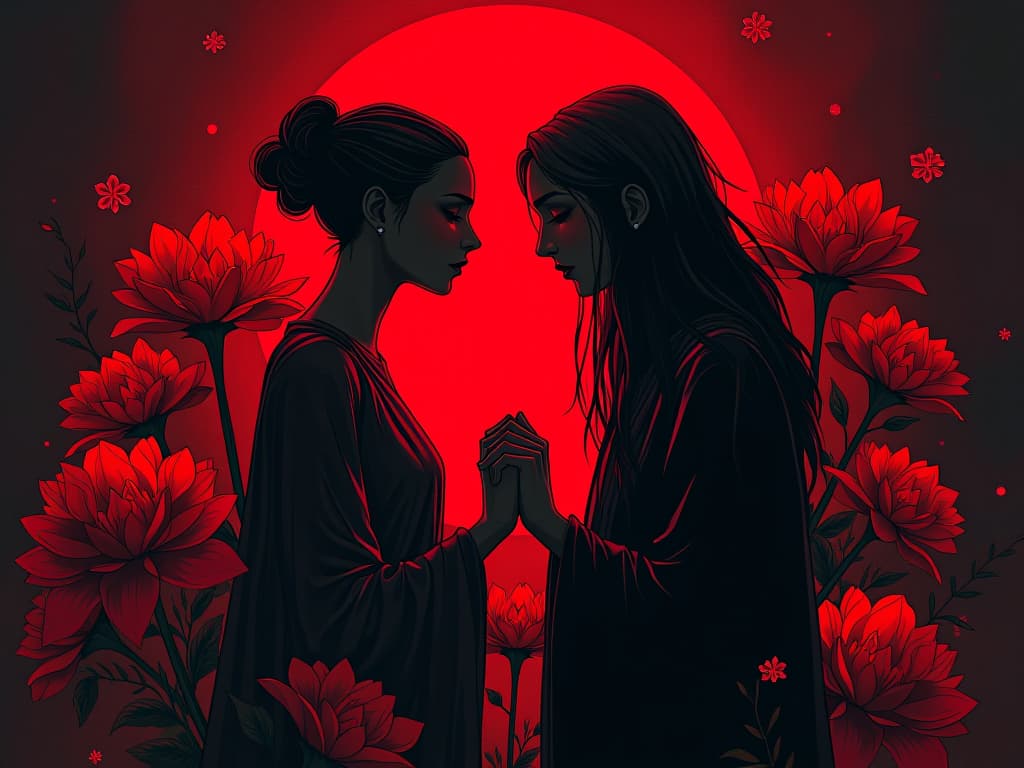  two figures in red, hands clasped, surrounded by blooming flowers, sense of mending relationships and rebuilding trust. the style is digital art illustration / modern comic book / graphic dark novel fantasy and mysterious occult, symbolic, moody lighting, esoteric vibe,high detail on character design. for the color scheme emphasize blacks and reds.