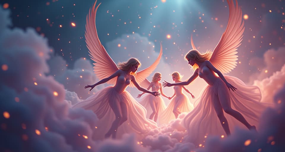  a group of ethereal beings grappling with their fallen illusions. magical dust in the air, surrounding ethereal landscape full of soft, glowing lights.. the style is digital art illustration,highly detailed, whimsical,magical, dreamlike atmosphere, realism and fantasy blend, smooth, glossy textures,luminous quality, wonder and enchantment.