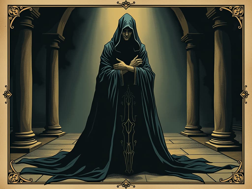  a robed shadowy figure in a dimly lit chamber, intricate robes flowing, slight but unmistakable smirk, knowing eyes, darkened corners, hint of a conspiracy, silent realization. an illustration in the style of a worn, mystical old tarot trump card, mysterious and elements of surrealism. the colors are muted, somber and eerie, but with contrast bring out an occult and esoteric vibe.