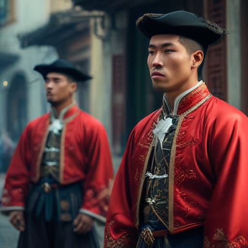 Chinese men in a baroque town in southern Italy hyperrealistic, full body, detailed clothing, highly detailed, cinematic lighting, stunningly beautiful, intricate, sharp focus, f/1. 8, 85mm, (centered image composition), (professionally color graded), ((bright soft diffused light)), volumetric fog, trending on instagram, trending on tumblr, HDR 4K, 8K