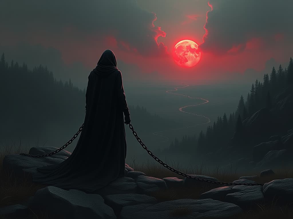  dreary landscape, figure ensnared by chains of judgment, reaching towards distant horizon, sense of entrapment and longing. the style is dark fantasy and mysterious occult, symbolic, moody lighting, esoteric vibe,high detail on character design. for the color scheme emphasize blacks and reds.