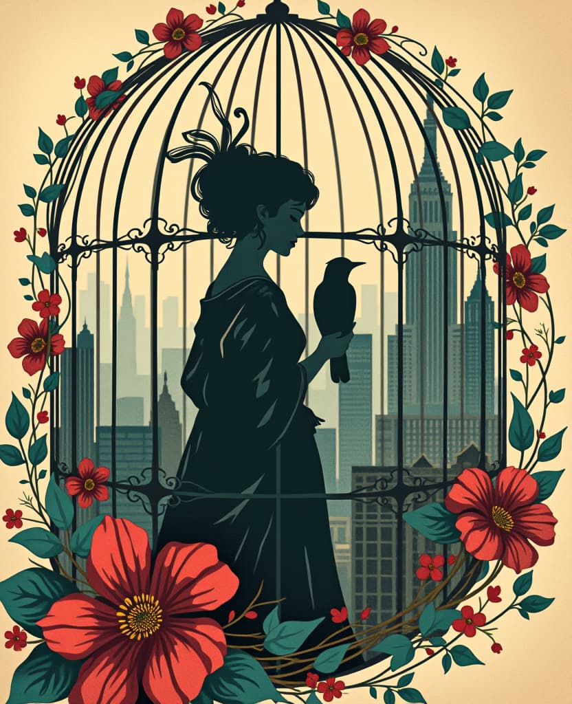  metropolis themed digital image with double exposure and overlay of layers and textures. thin lines. vector art. (silhouette оne bird: 1.5). (bright coloured elements: 1,4). stylised image. hyperdetalisation. background: ((bird cage)). unusual shape. thin frame with vines and flowers. in the style of a victorian postcard by sarah kay. swirl of baroque and rococo, noir, art deco, modern, zentangle, in the manner of mucha, klimt, aubrey beardsley, roman tyrtov. highly detailed. . urban, cityscape, skyscrapers, modern, futuristic, highly detailed hyperrealistic, full body, detailed clothing, highly detailed, cinematic lighting, stunningly beautiful, intricate, sharp focus, f/1. 8, 85mm, (centered image composition), (professionally color graded), ((bright soft diffused light)), volumetric fog, trending on instagram, trending on tumblr, HDR 4K, 8K