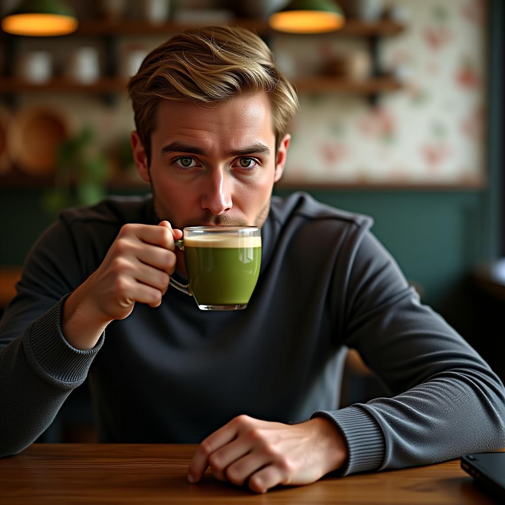  uk man drinking matcha at a cafe, male, british, blonde, adult, masterpiece, best quality