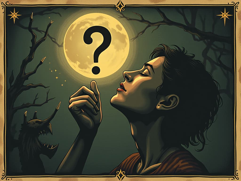  person, deep in thought, illuminated question mark, serene glow, sense of revelation and understanding. an illustration in the style of a worn, mystical old tarot trump card, mysterious and elements of surrealism. the colors are muted, somber and eerie, but with contrast bring out an occult and esoteric vibe.