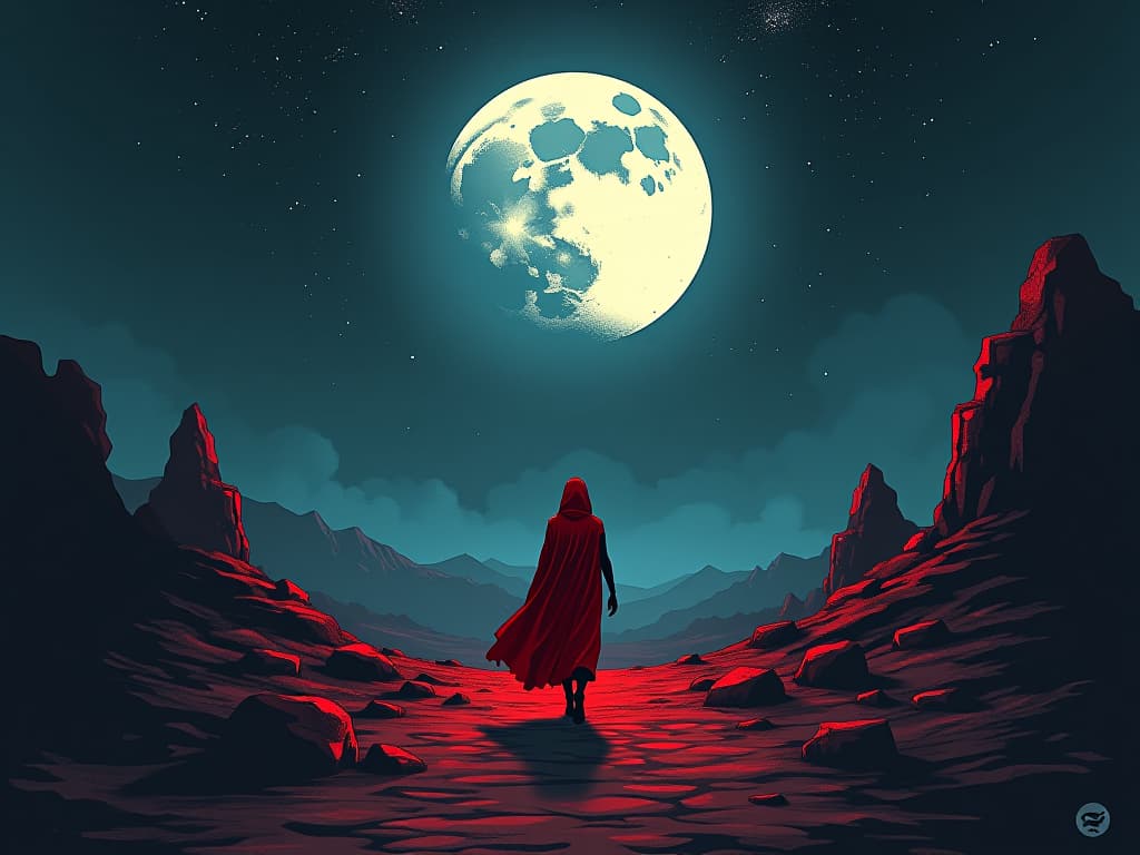  person in red, walking through a desolate landscape, moonlight guiding the way, aura of redemption and growth, stars shining above. the style is digital art illustration / modern comic book / graphic dark novel fantasy and mysterious occult, symbolic, moody lighting, esoteric vibe,high detail on character design. for the color scheme emphasize blacks and reds.