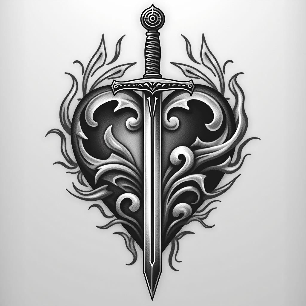  tattoo, black & white style, sword inside heart, white background