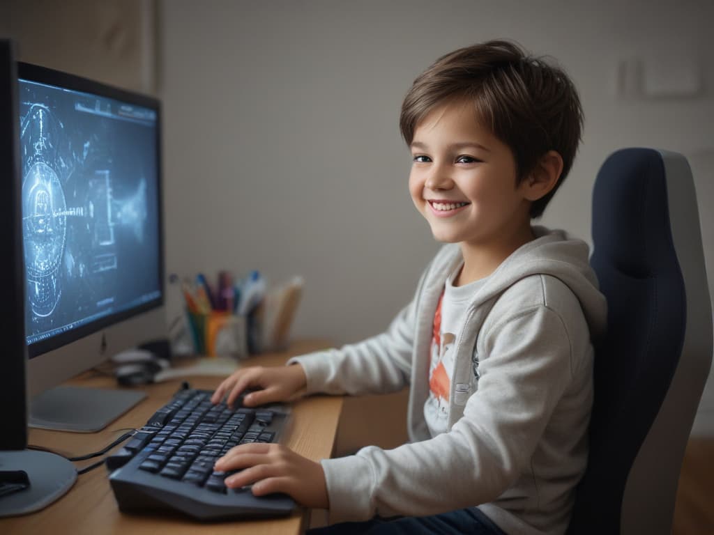 ultra realistic ((ultra realistic ((A child sitting at a computer, smiling while playing an educational game.)))) hyperrealistic, full body, detailed clothing, highly detailed, cinematic lighting, stunningly beautiful, intricate, sharp focus, f/1. 8, 85mm, (centered image composition), (professionally color graded), ((bright soft diffused light)), volumetric fog, trending on instagram, trending on tumblr, HDR 4K, 8K