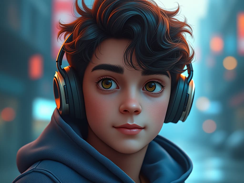  1boy potrait,3d character ,disney character <lora:ip adapter faceid plusv2 sd15 lora:0.7>,blue hoodie, headphones, handsome boy, 1man, short hair, curly hair hyperrealistic, full body, detailed clothing, highly detailed, cinematic lighting, stunningly beautiful, intricate, sharp focus, f/1. 8, 85mm, (centered image composition), (professionally color graded), ((bright soft diffused light)), volumetric fog, trending on instagram, trending on tumblr, HDR 4K, 8K