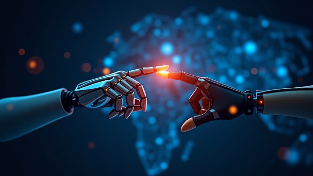  machine learning, hands of robots and humans touching on big data network connection background, science and artificial intelligence technology, innovation, and futuristic design