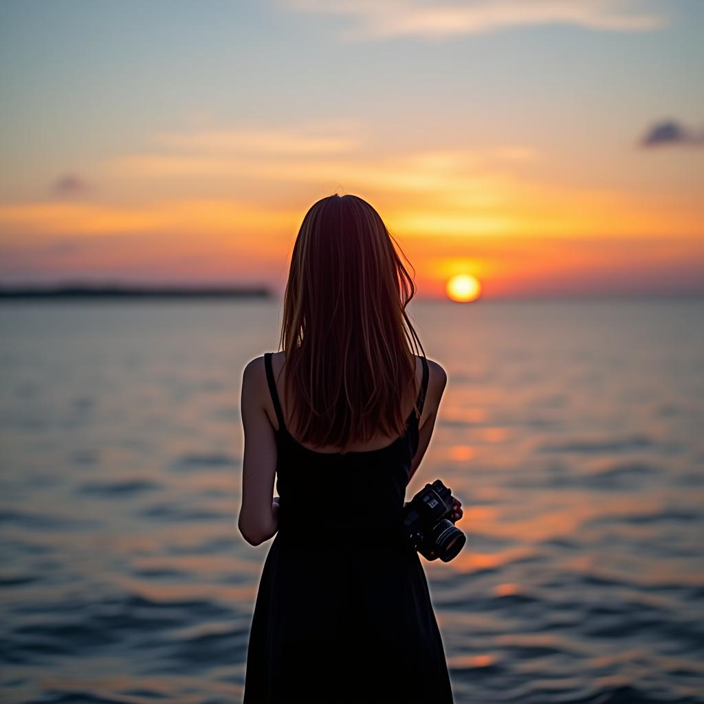  a brunette girl with long hair below her shoulders in a black dress is standing by the sea, facing away from us against the backdrop of a sunset, holding a camera in her hands.