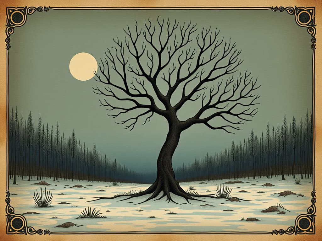  adaptive arctic willow, coping with challenging environment, low growth habit, snow patches, perseverance, resilience. an illustration in the style of a worn, mystical old tarot trump card, mysterious and elements of surrealism. the colors are muted, somber and eerie, but with contrast bring out an occult and esoteric vibe.