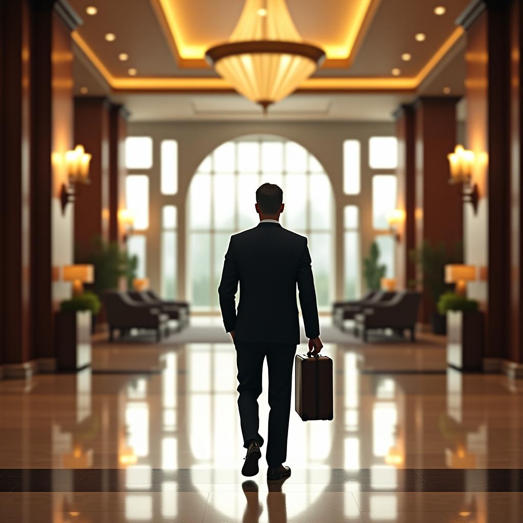  a businessman in a suit with a briefcase has arrived on a business trip and is checking in at the lobby of the mega palace hotel.