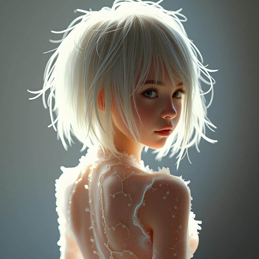  back lit, edge lit photography of a with silvery white bleached short oily messy unkempt frizzy hair, and large very very very heavy natural teardrop s, transparent body suit, translucent flesh, tiny white hairs interlinked cells interlinked , full body view you can see legs and feet, looking in camera, girl is ,, high quality, high details, hd, perfect composition, 4k epic detailed, highly detailed, sharp focus, high resolution