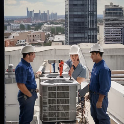 team of ten hvac technicians on a project with City background