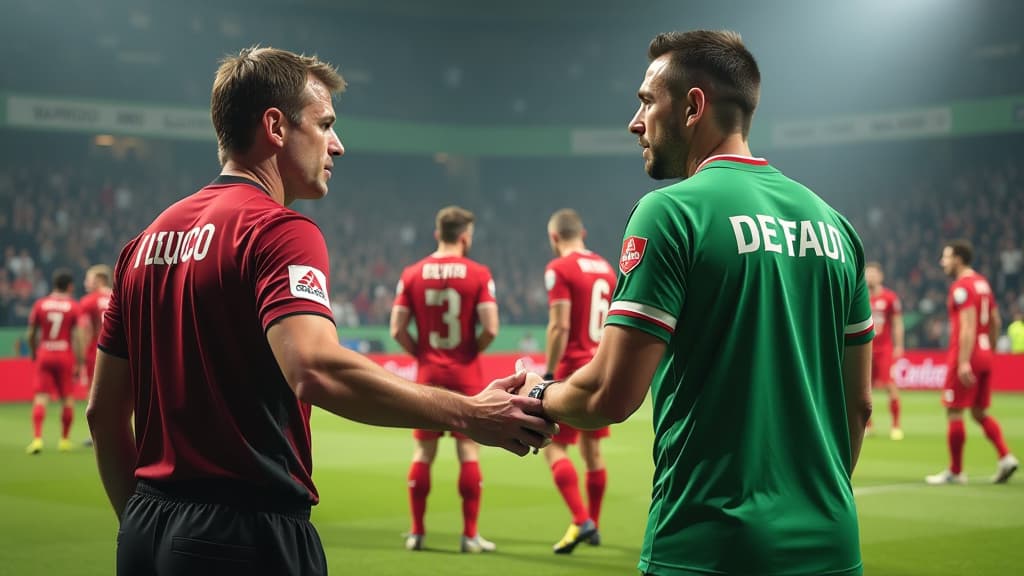  prompt: create a hyper realistic and dramatic image depicting the intense confrontation between fortuna düsseldorf's coach, spvgg greuther fürth's sports director, and referee matthias jöllenbeck during the historic match. show a chaotic scene on the football pitch just before halftime, with players from both teams reacting emotionally to the controversial free kick decision. feature fortuna düsseldorf's logo prominently on the players' jerseys, along with spvgg greuther fürth's emblem. ens