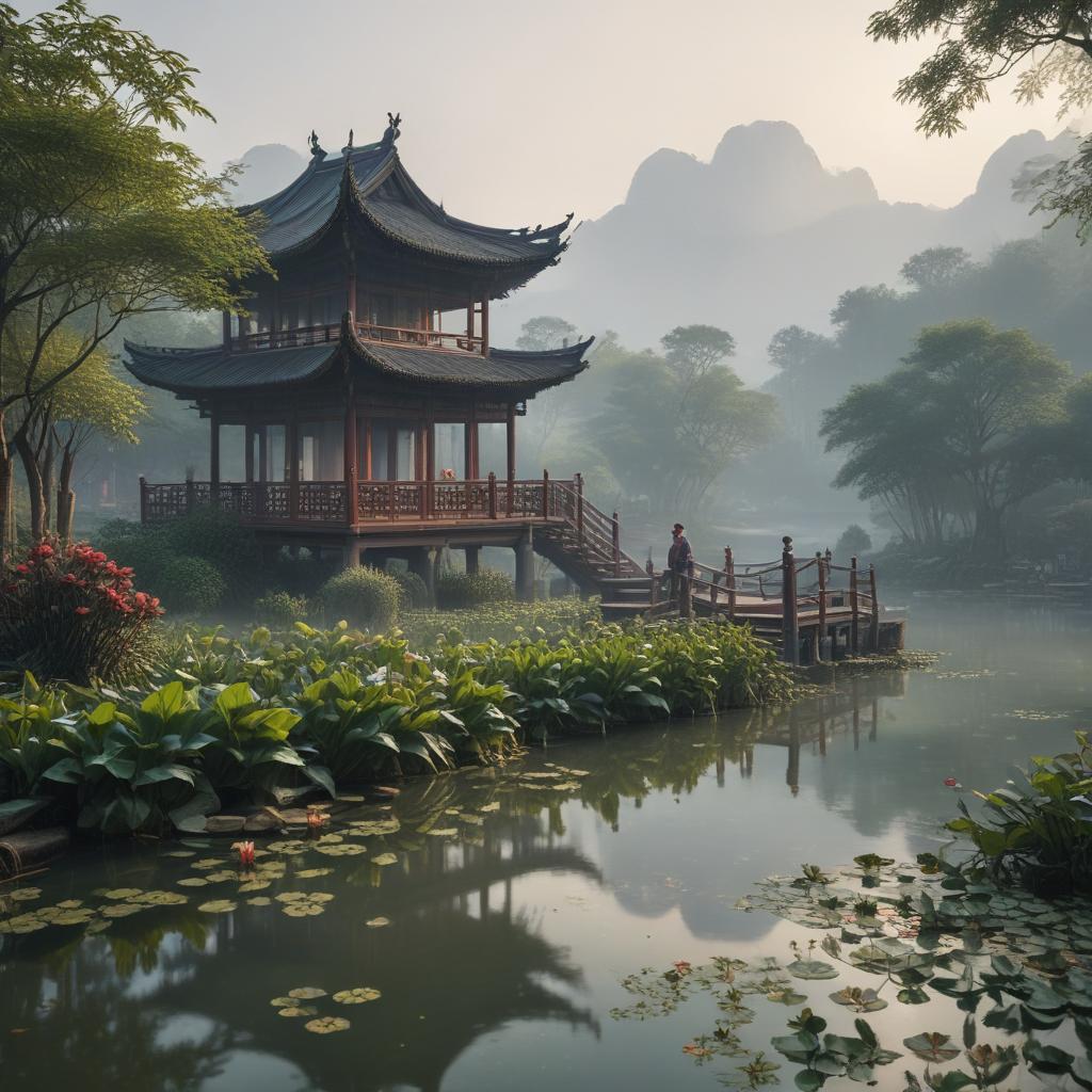 ((masterpiece)),(((best quality))), 8k, high detailed, ultra detailed, Yangzhou beauty, graceful lotus ponds, elegant pavilions, misty mountains, tranquil tea fields hyperrealistic, full body, detailed clothing, highly detailed, cinematic lighting, stunningly beautiful, intricate, sharp focus, f/1. 8, 85mm, (centered image composition), (professionally color graded), ((bright soft diffused light)), volumetric fog, trending on instagram, trending on tumblr, HDR 4K, 8K