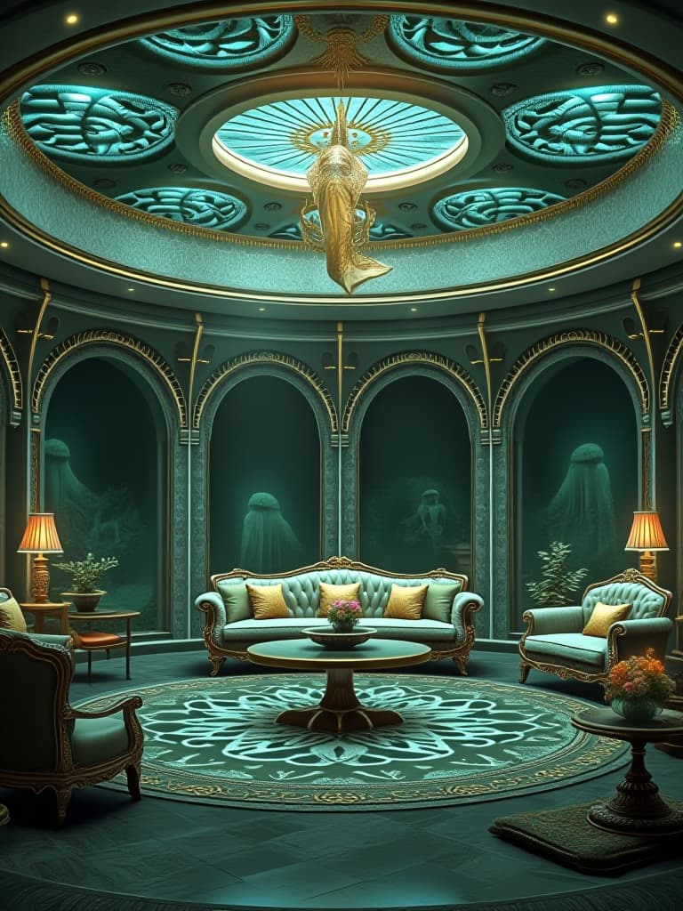  a luxurious mermaid mansion living room in the deep sea. the house is round li and big metallic green and gold ver shiny . with mermaid furniture