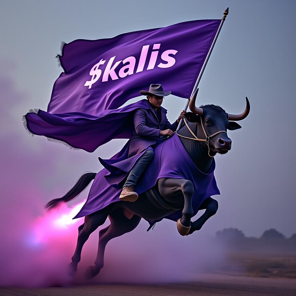  bull getleman riding a purple rocket while holding a purple flag. on the flag the word $kalis should be written. hyperrealistic, full body, detailed clothing, highly detailed, cinematic lighting, stunningly beautiful, intricate, sharp focus, f/1. 8, 85mm, (centered image composition), (professionally color graded), ((bright soft diffused light)), volumetric fog, trending on instagram, trending on tumblr, HDR 4K, 8K