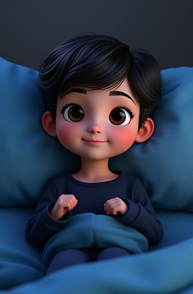  una chica de piel clara, cabello chino color café, cabello corto, sudadera negra y pantalón de pijama azul marino con cuadros cafés y blancos, sentada en una cama azul, nostálgica y el ambiente de noche , disney pixar poster, pixar movie style, animated disney cartoon face, disney face, portrait, cute face, round face, cartoon character, disney character, disney animated movies, disney pixar hyperrealistic, full body, detailed clothing, highly detailed, cinematic lighting, stunningly beautiful, intricate, sharp focus, f/1. 8, 85mm, (centered image composition), (professionally color graded), ((bright soft diffused light)), volumetric fog, trending on instagram, trending on tumblr, HDR 4K, 8K