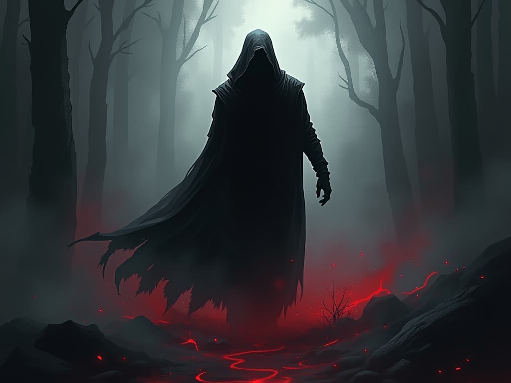  shadowy retreating figure, fading into mist, atmosphere of disappearing presence. the style is digital art illustration / modern comic book / graphic dark novel fantasy and mysterious occult, symbolic, moody lighting, esoteric vibe,high detail on character design. for the color scheme emphasize blacks and reds.