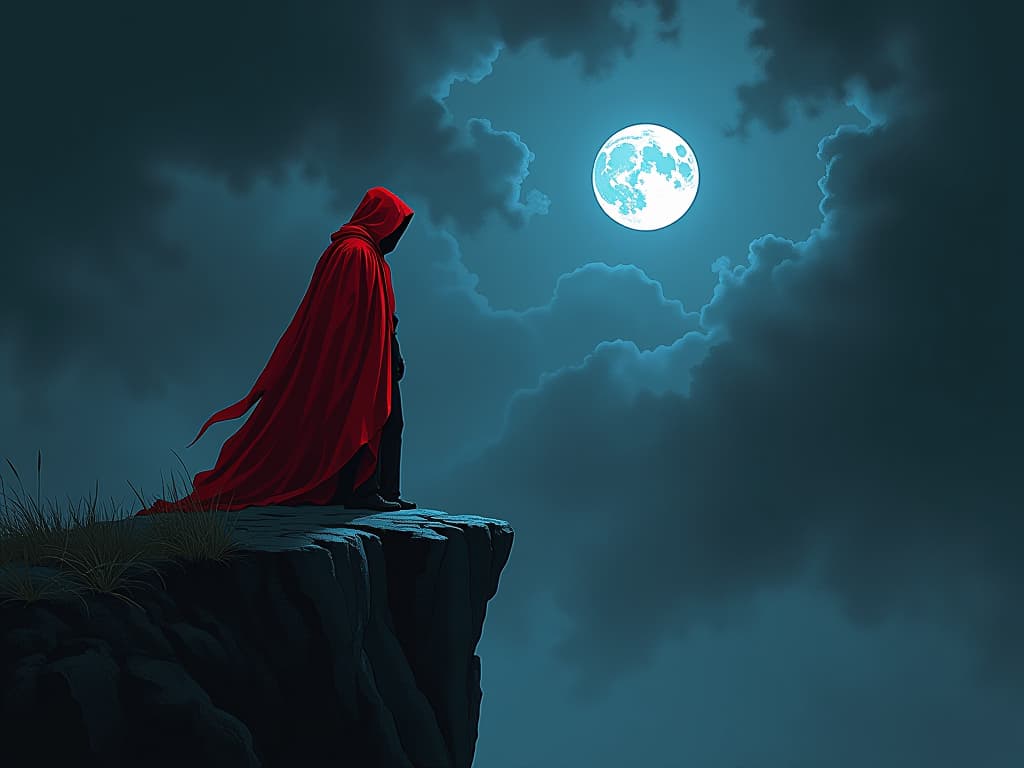  cloaked figure in red standing on a desolate cliff, moonlight casting shadows, aura of regret and remorse. the style is digital art illustration / modern comic book / graphic dark novel fantasy and mysterious occult, symbolic, moody lighting, esoteric vibe,high detail on character design. for the color scheme emphasize blacks and reds.