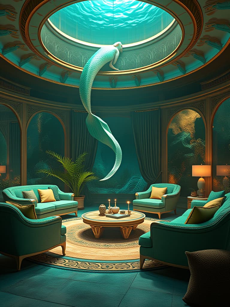  a luxurious mermaid mansion living room in the deep sea. the house is round li and big metallic green and gold ver shiny . with mermaid furniture