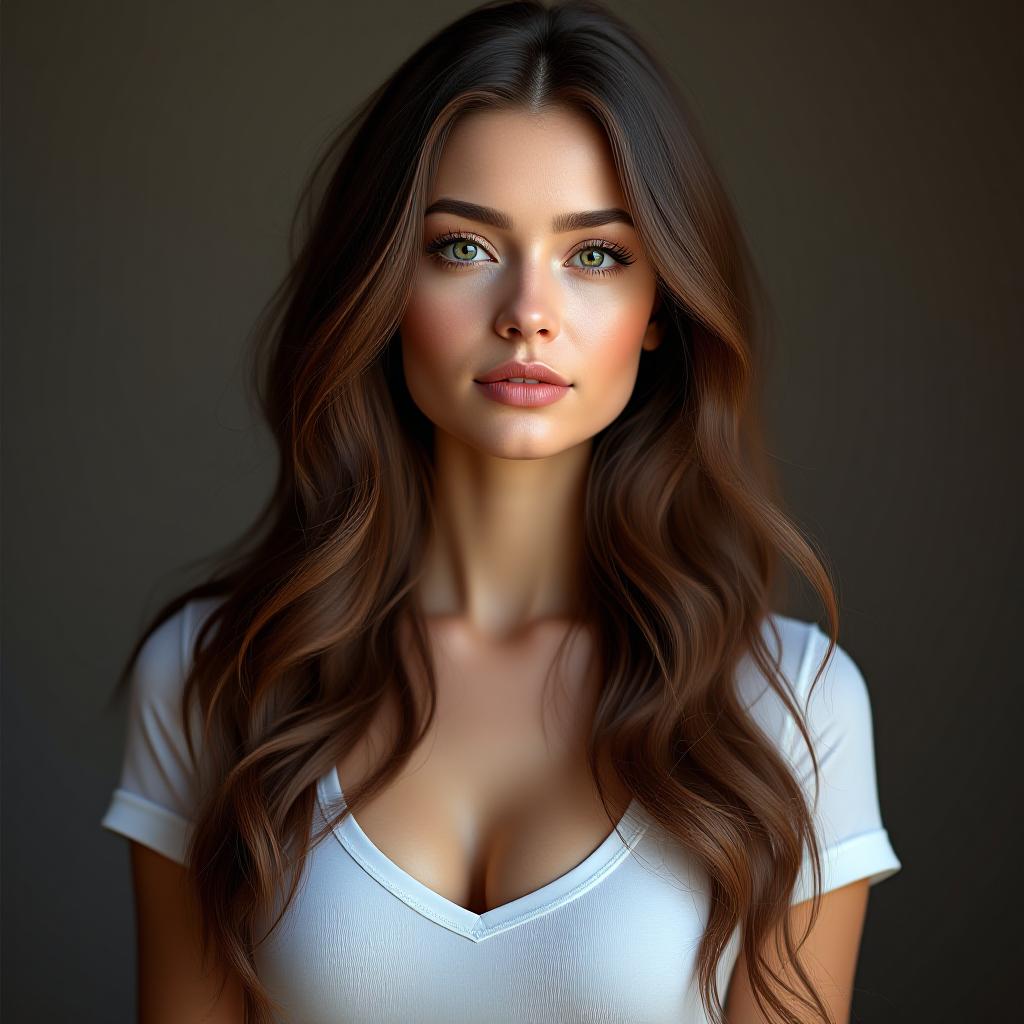  full photo of european woman, clear complexion, green eyes, long smooth brown hair, cute lips, fourth breast, high, wearing legns and t shirts and heel shoes photo realistic, highly intricate and detailed, masterpiece, ultra high res,photography,8k resolution