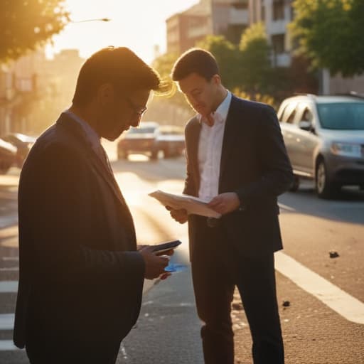 A photo of a car accident attorney analyzing evidence at a busy intersection in the late afternoon with dramatic, golden hour lighting.