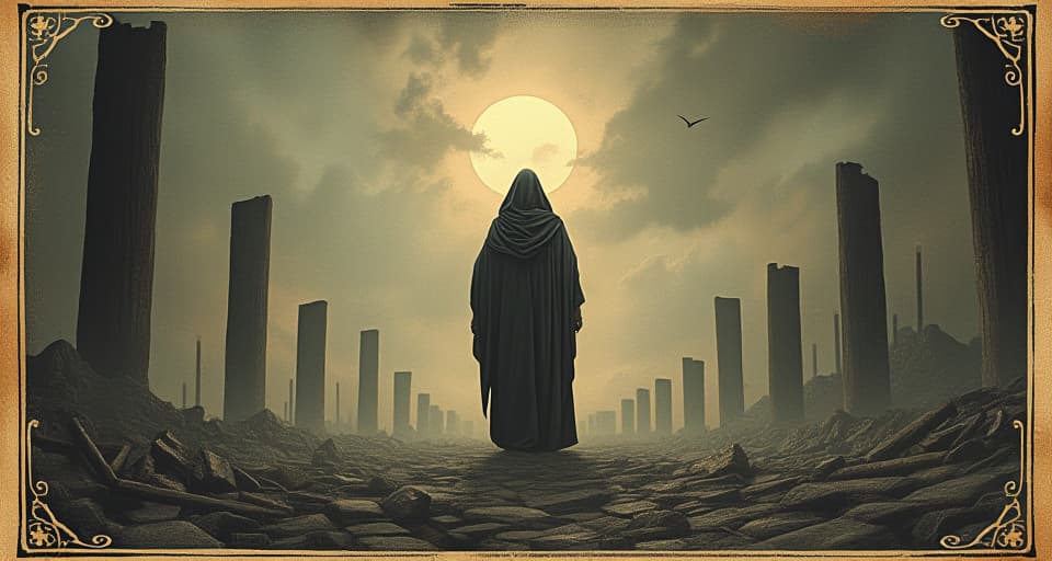  figure standing unbroken amidst ruins, signs of struggle and survival, unwavering stance, resilient and victorious, defied their attempts. an illustration in the style of a worn, mystical old tarot trump card, mysterious and elements of surrealism. the colors are muted, somber and eerie, but with contrast bring out an occult and esoteric vibe.