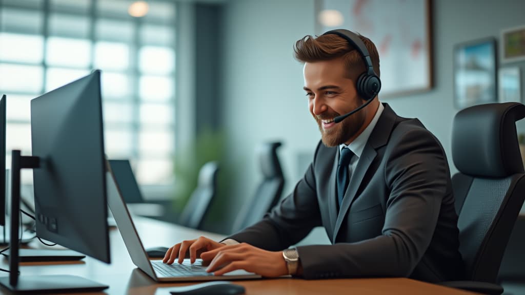  happy finland man call center agent wearing headset talking to client working in customer support office. professional contract service telemarketing operator using laptop having conversation. ar 16:9 {prompt}, maximum details