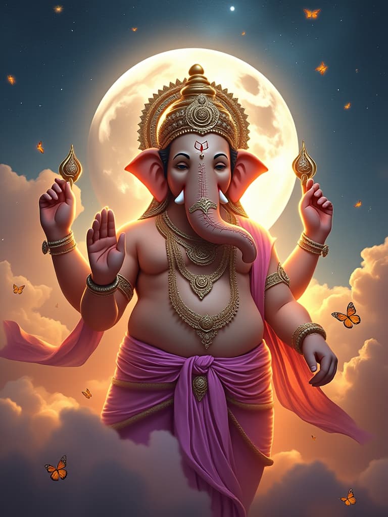  a portrait of a actual god ganesh ji (ganpati ji) with a luminous dress, eyes shut, mouth closed, wind, sky, clouds, the moon, moonlight, stars, universe, fireflies, butterflies, lights, lens flares effects, swirly bokeh, brush effect, celestial, amazing, astonishing, wonderful, beautiful, highly detailed, and the bottom write in small size complete text of this as"ganesh chaturthi" hyperrealistic, full body, detailed clothing, highly detailed, cinematic lighting, stunningly beautiful, intricate, sharp focus, f/1. 8, 85mm, (centered image composition), (professionally color graded), ((bright soft diffused light)), volumetric fog, trending on instagram, trending on tumblr, HDR 4K, 8K