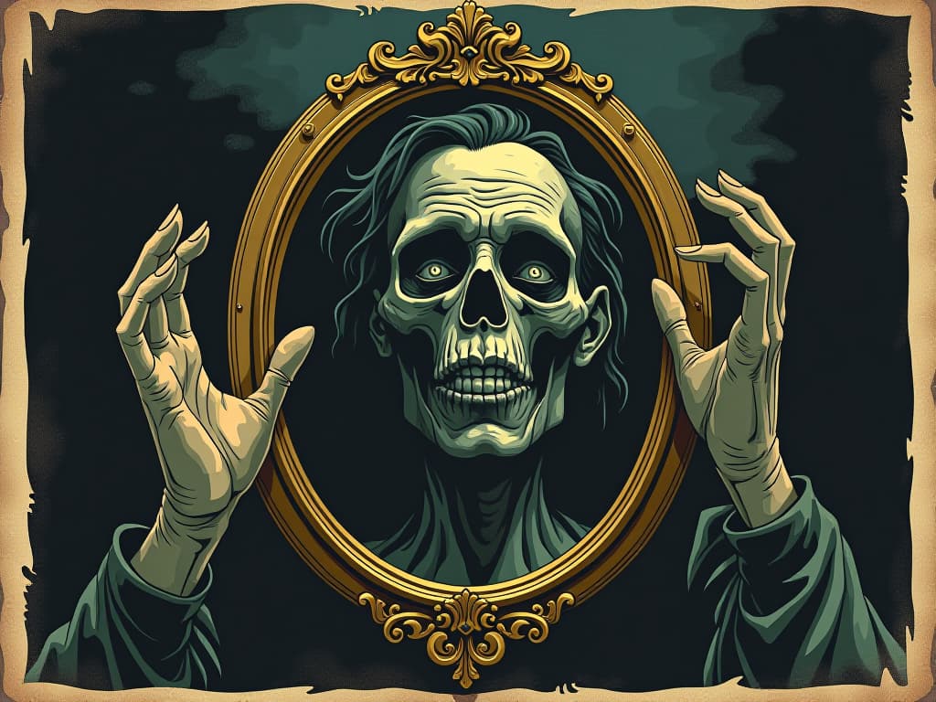  mirror casting a warped, grotesque image, shadows darkening the surrounding space, heavy and unsettling. an illustration in the style of a worn, mystical old tarot trump card, mysterious and elements of surrealism. the colors are muted, somber and eerie, but with contrast bring out an occult and esoteric vibe.