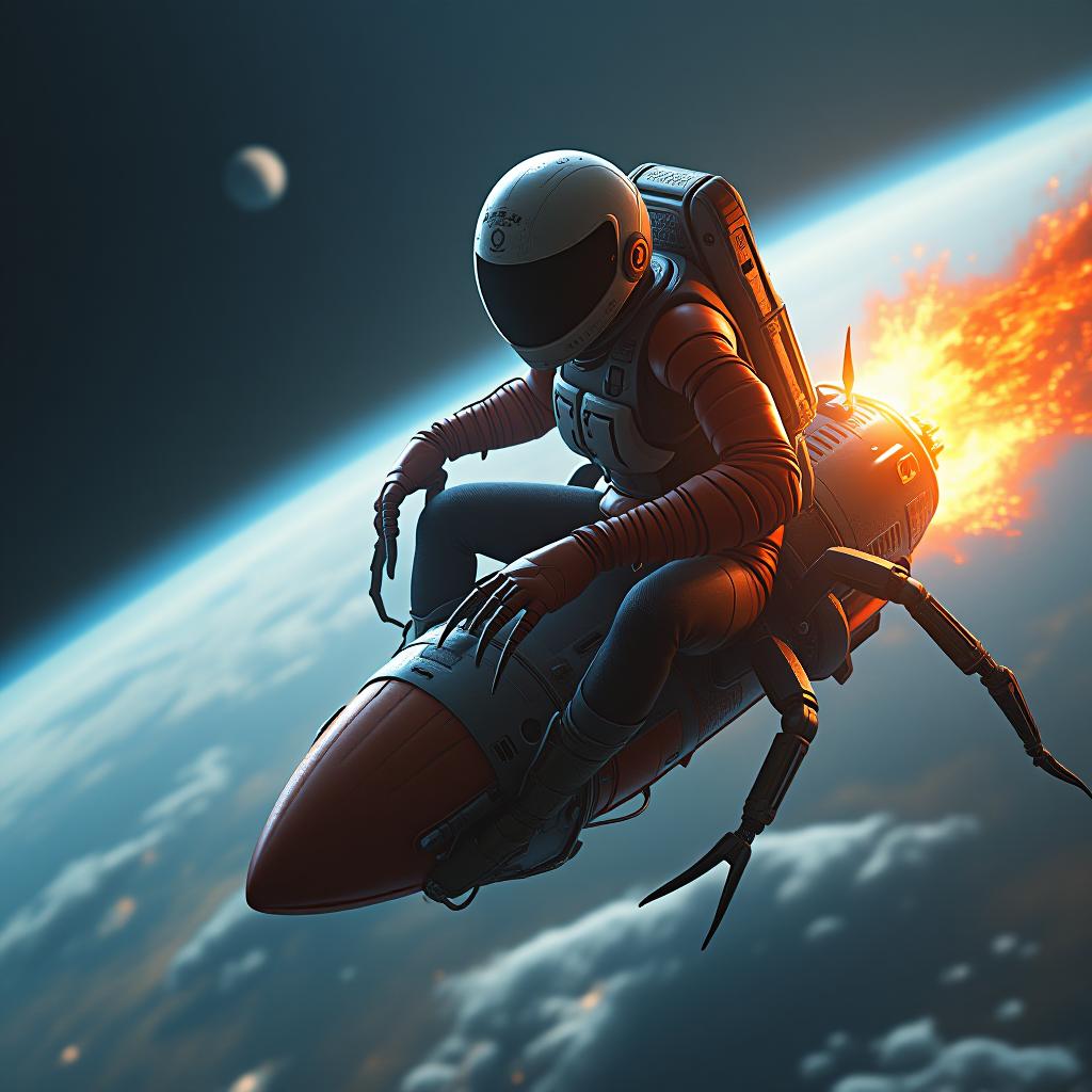  hyperrealistic art tv with mechanical spider claws takes off into space sitting on a rocket . extremely high resolution details, photographic, realism pushed to extreme, fine texture, incredibly lifelike