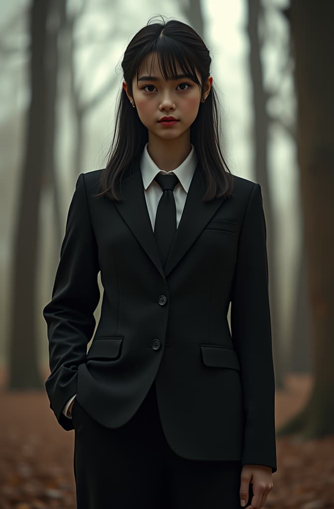  girl fat uniform school black suit hyperrealistic, full body, detailed clothing, highly detailed, cinematic lighting, stunningly beautiful, intricate, sharp focus, f/1. 8, 85mm, (centered image composition), (professionally color graded), ((bright soft diffused light)), volumetric fog, trending on instagram, trending on tumblr, HDR 4K, 8K