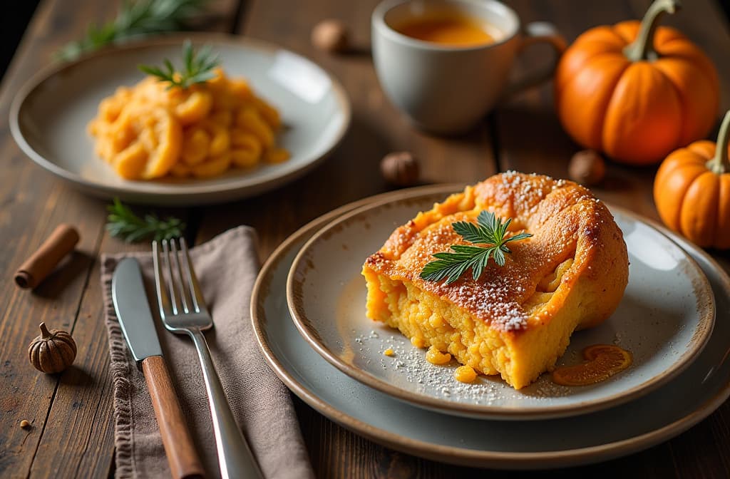  food gourmet photography style, rustic holiday table setup, empty frame, top view showcases plates, cup, napkin and cutlery, complemented by pumpkins, dried orange slice, acorns, and cinnamon ar 3:2, appetizing, professional, culinary, high resolution, commercial, highly detailed ,soft natural lighting, macro details, vibrant colors, fresh ingredients, glistening textures, bokeh background, styled plating, wooden tabletop, garnished, tantalizing, editorial quality