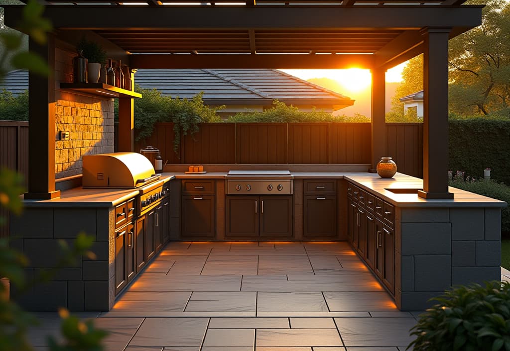  a landscape photo of a luxurious outdoor kitchen patio with a built in grill, stone countertops, and ambient lighting, surrounded by lush greenery, shot from a low angle at golden hour hyperrealistic, full body, detailed clothing, highly detailed, cinematic lighting, stunningly beautiful, intricate, sharp focus, f/1. 8, 85mm, (centered image composition), (professionally color graded), ((bright soft diffused light)), volumetric fog, trending on instagram, trending on tumblr, HDR 4K, 8K