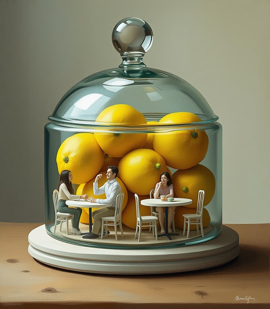  hyperrealistic art painting. oil painting. (a glass lemon storage vessel, with a glass lid in the shape of a dome, houses a miniature cafe with tables and with visitors:1.5). surrealism style. high detail. high resolution . extremely high resolution details, photographic, realism pushed to extreme, fine texture, incredibly lifelike