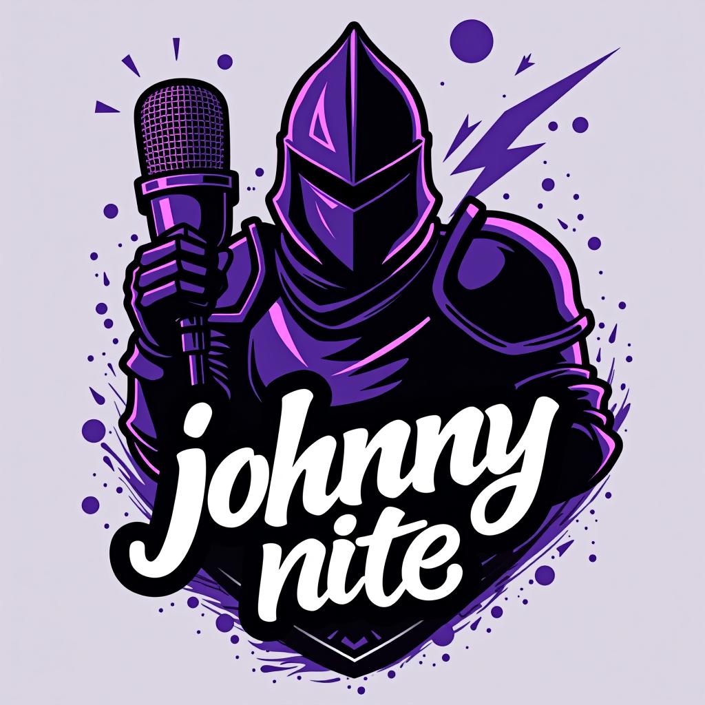  design a logo, in a threedrender style. knight with a gaming mic graffiti purple and black, with the text 'johnny nite'.